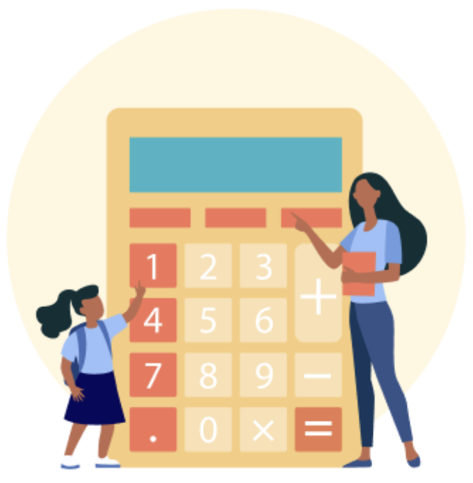 An adult and a child stand in front of an oversized calculator, both pointing at its buttons. The adult holds a folder, and the child wears a backpack.